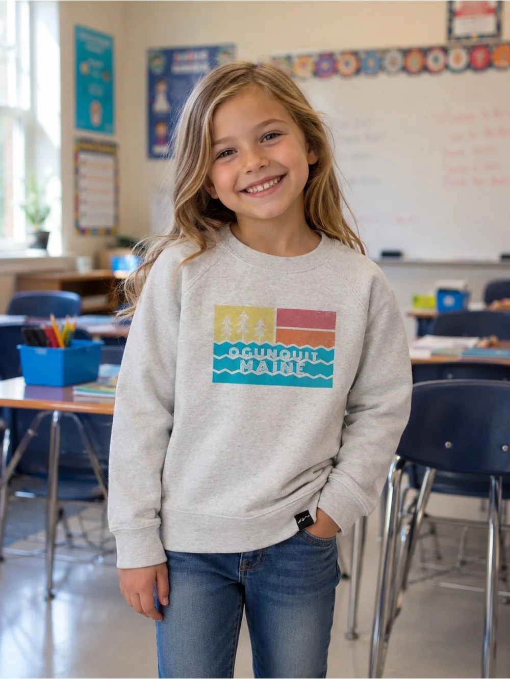Youth Crewneck Sweatshirt in Heather Gray - Ogunquit Maine Graphic